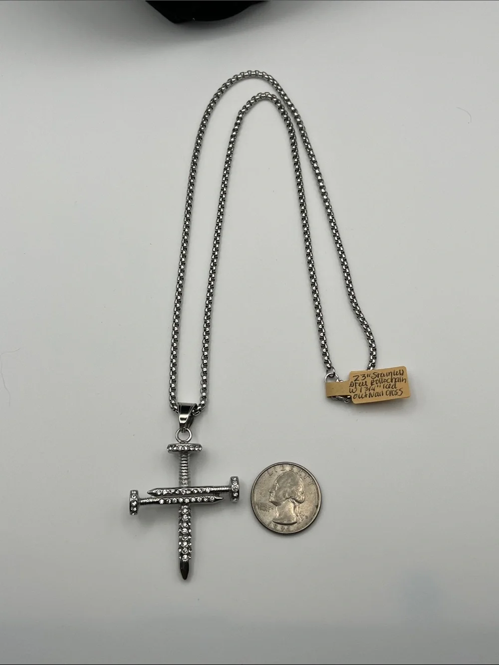 24”, Stainless Steel Crystal Nail Cross Pendant Necklace - Unbranded